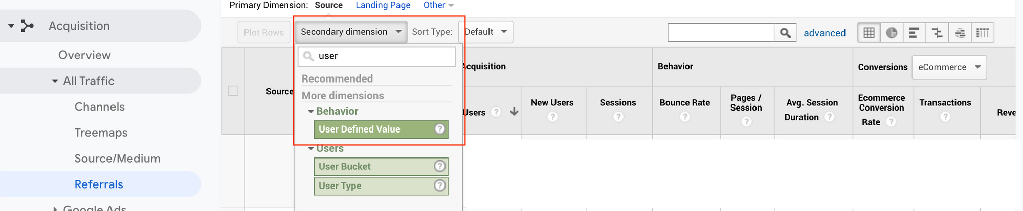 Applying a secondary dimension of "User Defined Variable" to a report to see full referring URLs in the GA Admin panel