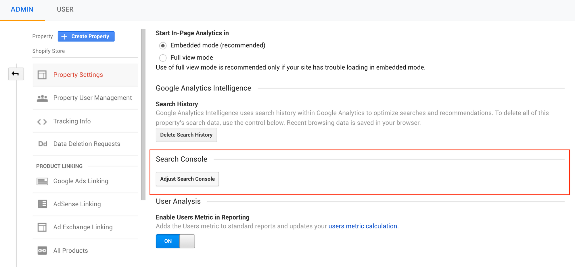 Linking Google Analytics with Google Search Console in the GA admin panel