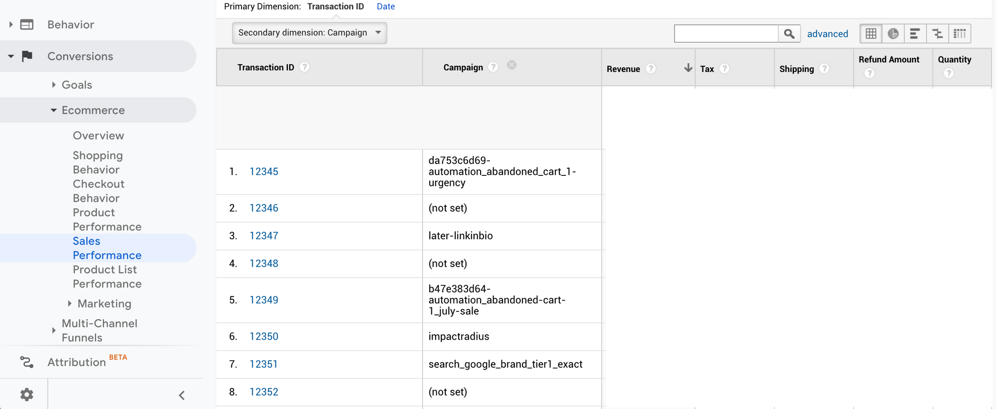 Using Secondary dimensions to combine Transaction ID with Campaign source values in GA