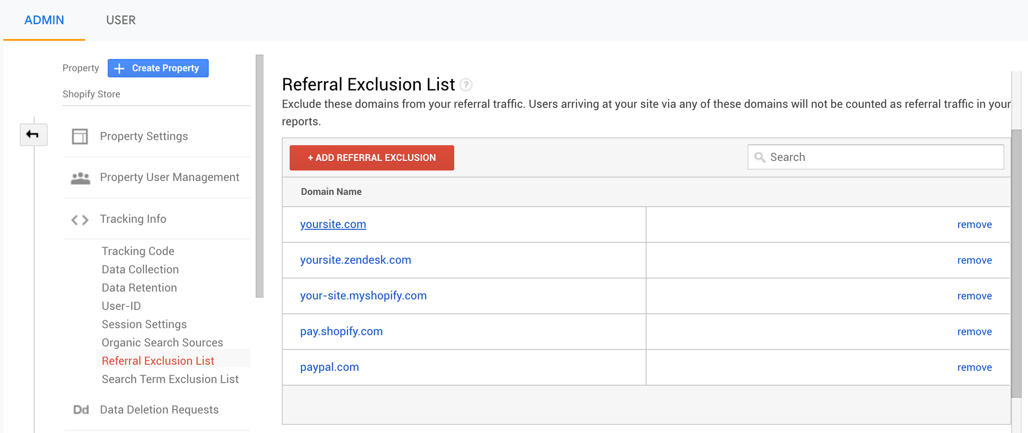 The Referral Exclusion List section of the GA admin panel