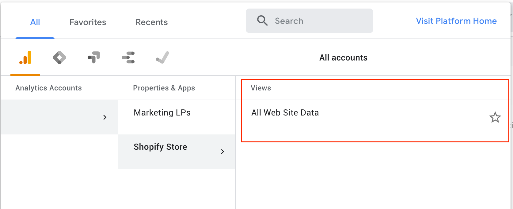 An example of where "Views" live in the Google Analytics admin panel