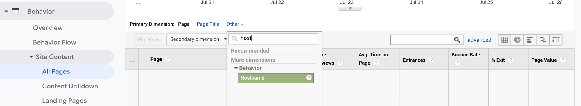 Setting "Hostname" as the primary dimension on the Add Pages view