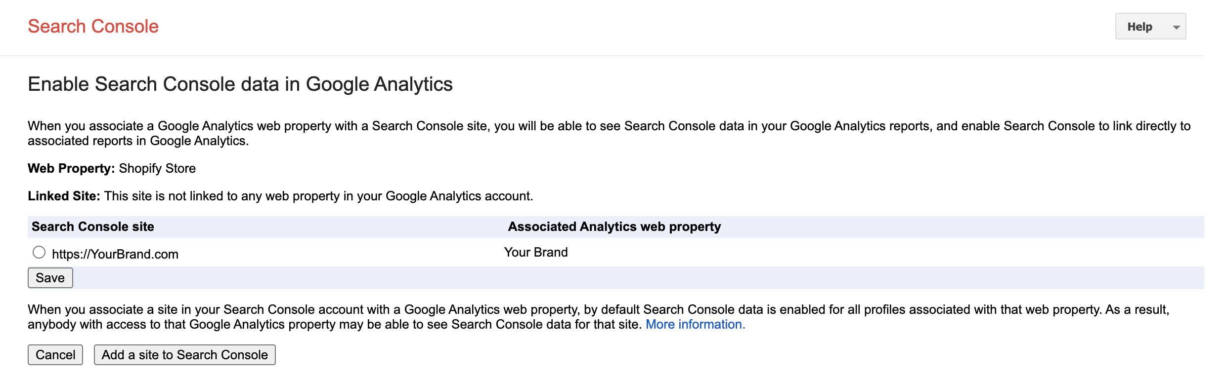 Linking a Search Console site in the GA admin panel