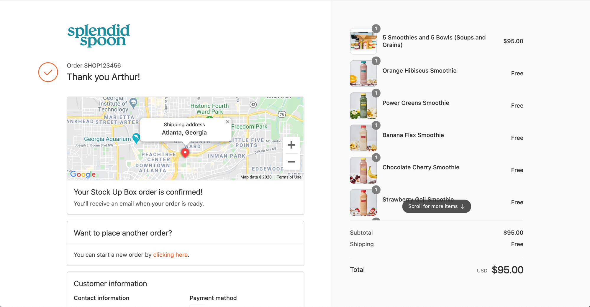 The Shopify Order Confirmation page from Splendid Spoon