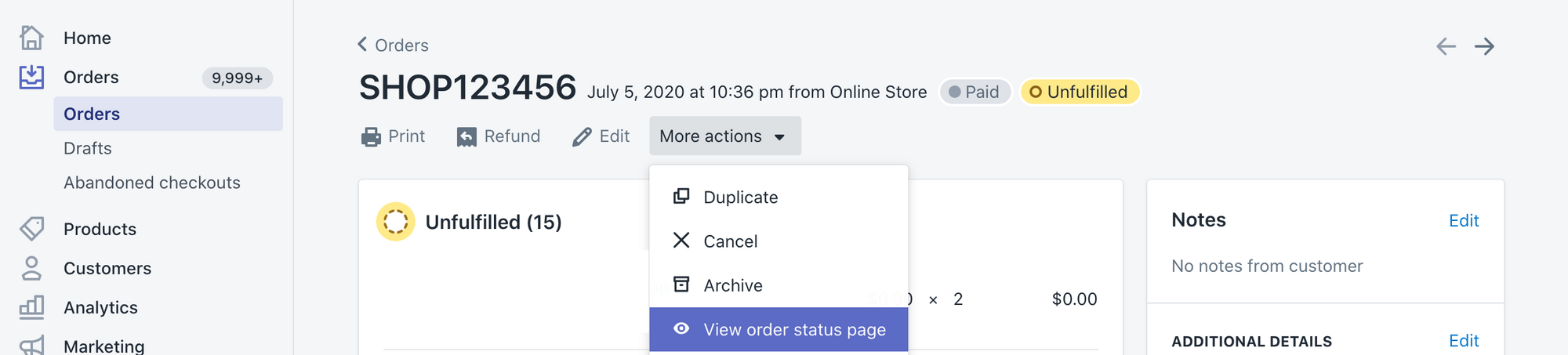 View the Order Status page for an existing Shopify order
