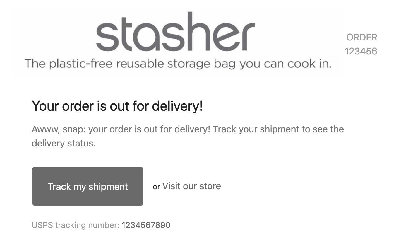 The Shopify Shipping Confirmation email from Stasher reusable storage bags